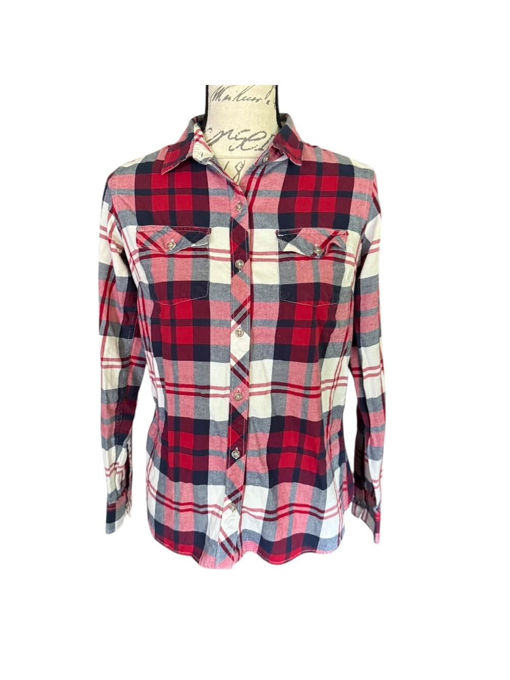 Eddie Bauer Classic Fit Red White Plaid Flannel Cotton Shirt Size Small